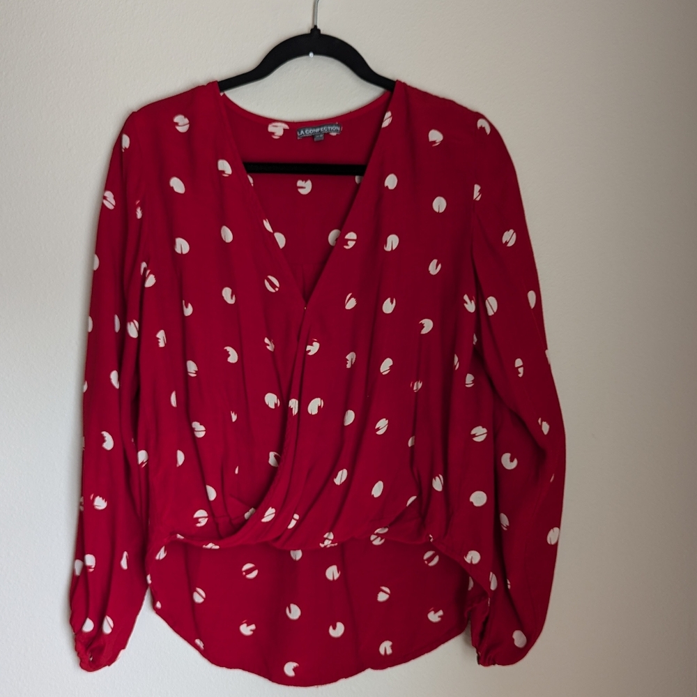 LA Confection Red and White Patterned Blouse Size XS